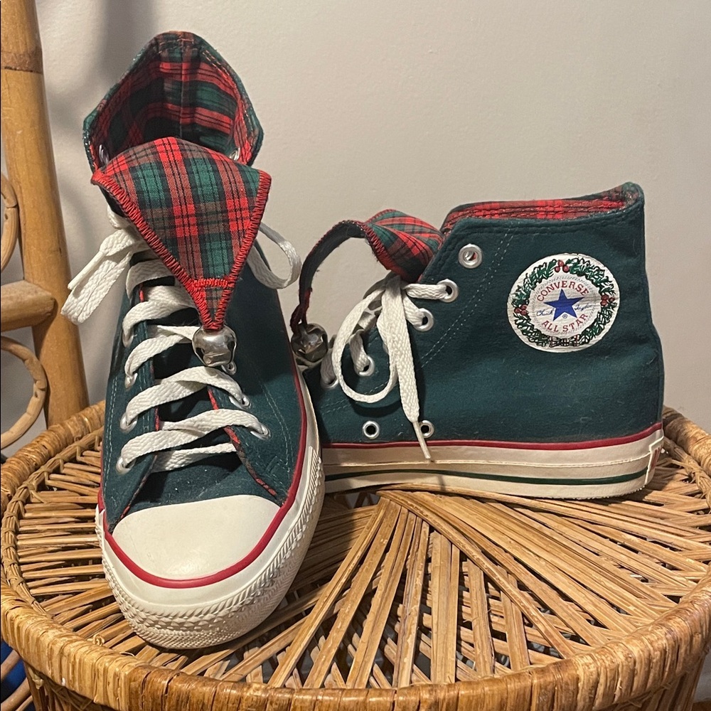 Rare Vintage Converse Chuck Taylor Dark Green and Red Plaid High-Tops with Bell